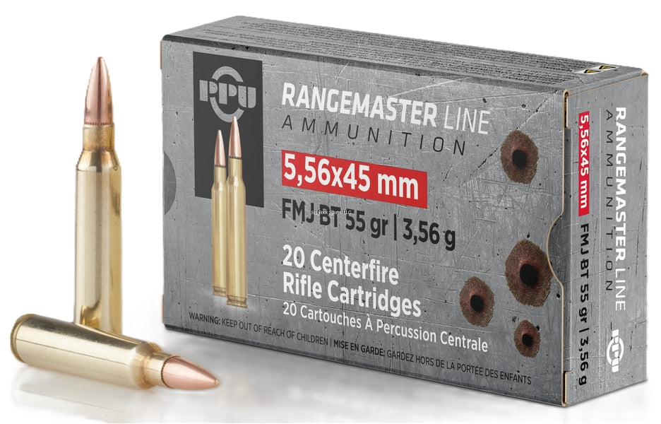 PPU PPRM5561 RANGEMASTER RIFLE AMMO 5.56X45, FMJBT,GR 55, 20 RND